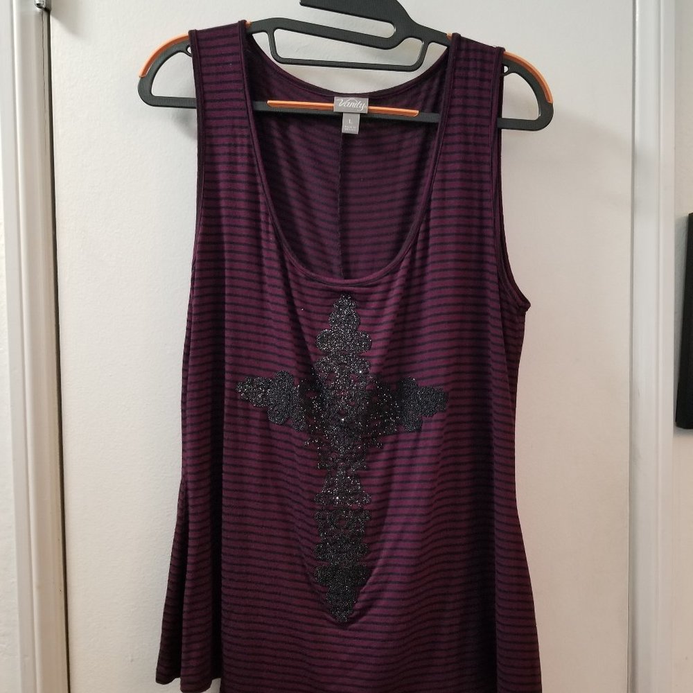 Scoop neck striped tank top with back lace inset and caviar beading cross